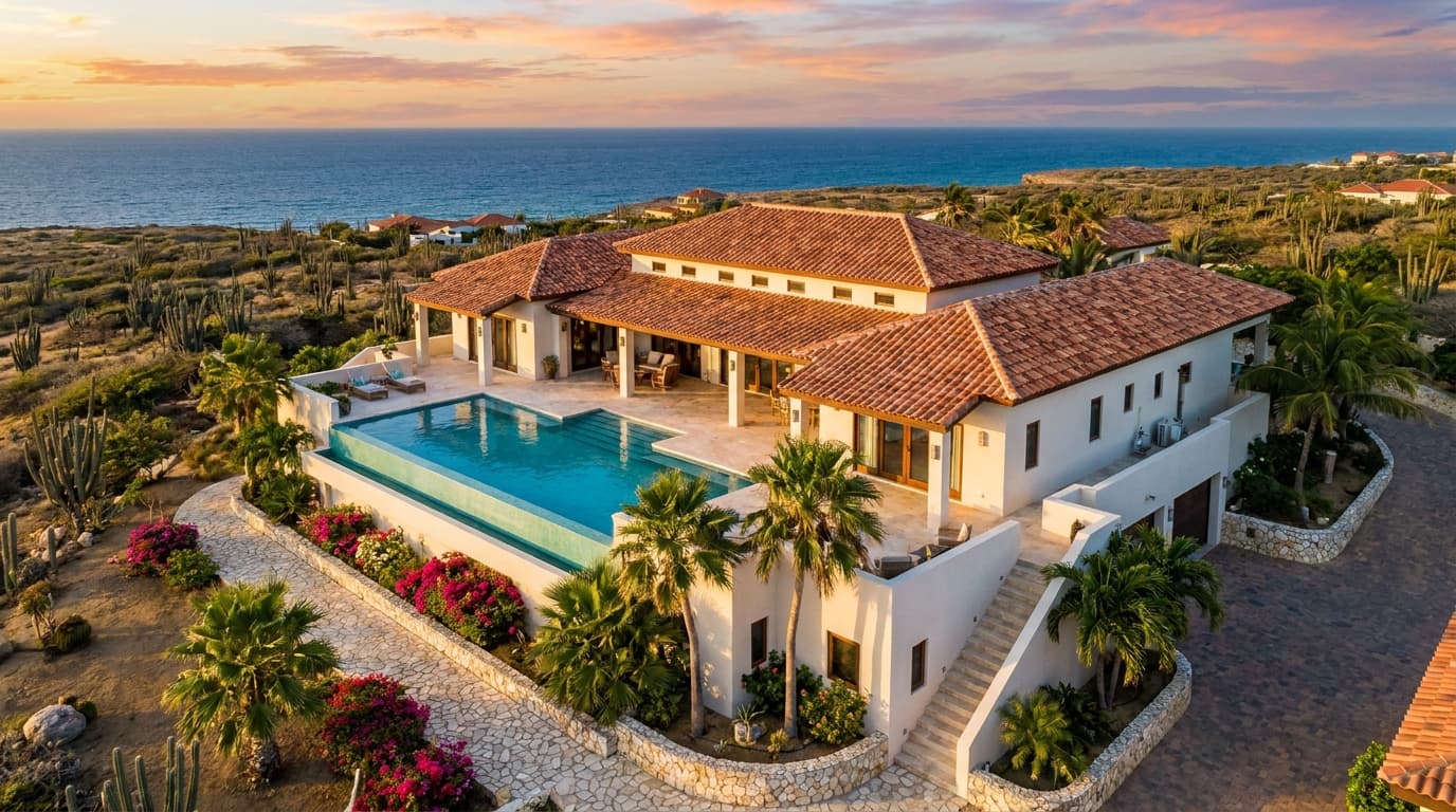 Villa with terracotta roof and tropical garden in Wayaca, Aruba